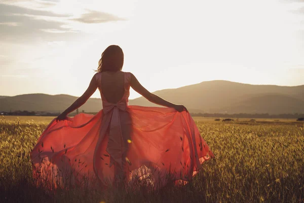 Bellezza ragazza romantica all'aperto. Bella modella adolescente vestita in abito rosa lungo sul campo in luce del sole. Capelli Lunghi che soffiano. Autunno. Sole splendente, raggio di sole. Retroilluminato. Tonica nei colori caldi — Foto Stock