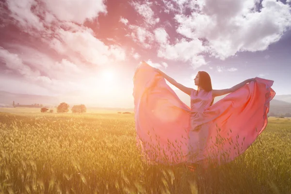 Bellezza ragazza romantica all'aperto. Bella modella adolescente vestita in abito rosa lungo sul campo in luce del sole. Capelli Lunghi che soffiano. Autunno. Sole splendente, raggio di sole. Retroilluminato. Tonica nei colori caldi — Foto Stock