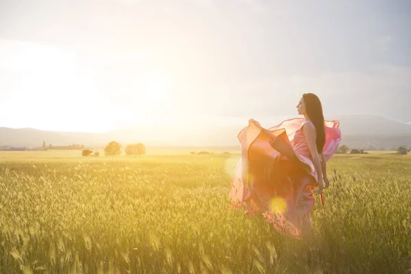 Bellezza ragazza romantica all'aperto. Bella modella adolescente vestita in abito rosa lungo sul campo in luce del sole. Capelli Lunghi che soffiano. Autunno. Sole splendente, raggio di sole. Retroilluminato. Tonica nei colori caldi — Foto Stock