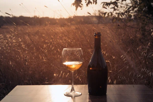 Botella de vino blanco y una copa sobre un fondo de sabana al atardecer — Foto de Stock
