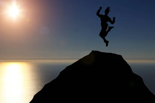 일몰에서 점프 하는 여자의 아름 다운 실루엣 — 스톡 사진