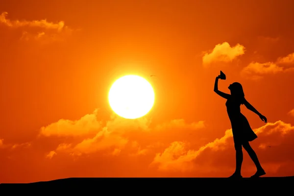 Silhouette girl dancing on the background of a beautiful sunset — Stock Photo, Image