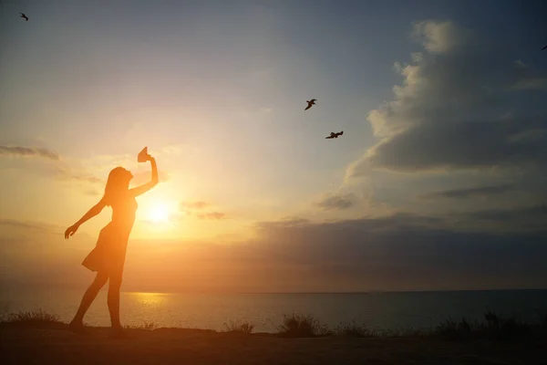 Silhouette girl dancing on the background of a beautiful sunset — Stock Photo, Image