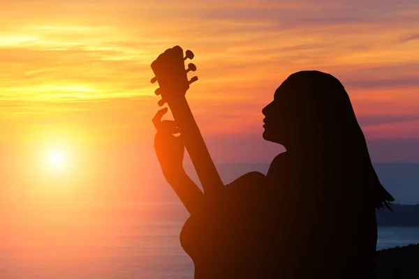 Silhouet van het meisje dat gitaar speelt op de achtergrond van de zee en een prachtige zonsondergang — Stockfoto
