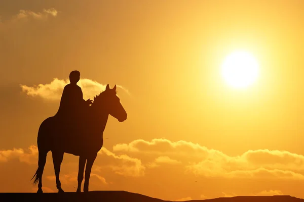 Silhueta de um homem a cavalo no belo pôr do sol — Fotografia de Stock