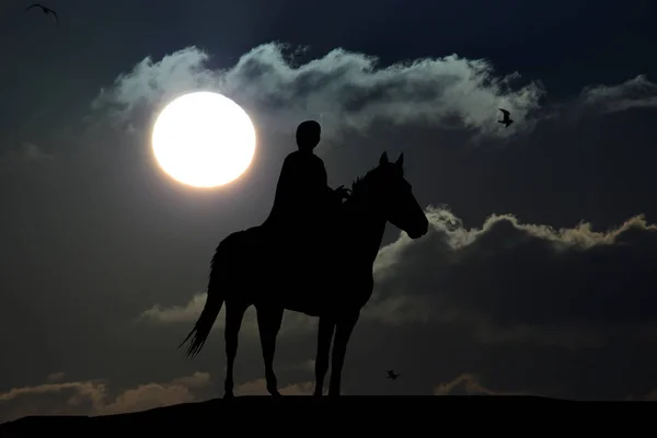 Silhouette eines Mannes zu Pferd im wunderschönen Sonnenuntergang — Stockfoto