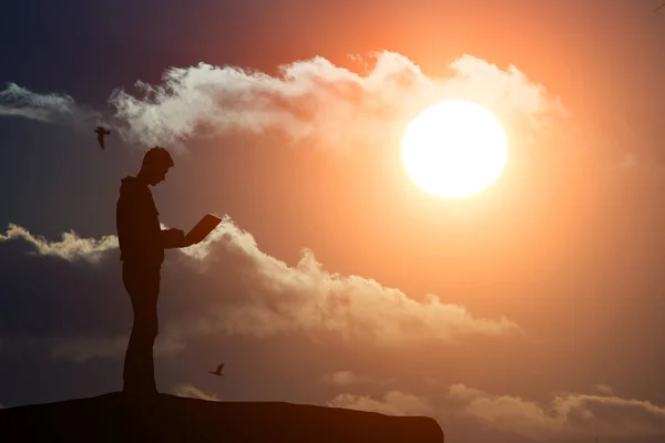 Silueta muže na vrcholu hory pracující na notebooku na pozadí krásných druhů — Stock fotografie