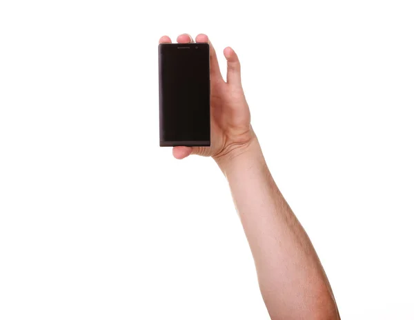 Telefone celular na mão masculina isolado no fundo branco — Fotografia de Stock