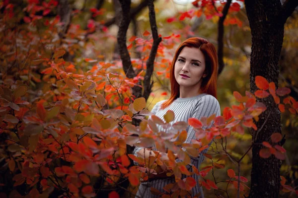 Hermosa joven mujer disfruta de la calidez de otoño — Foto de Stock