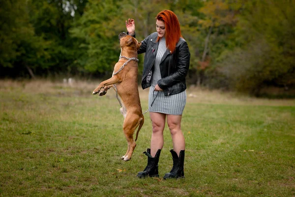 Schöne Frau und ihr Hund im Herbst Park — Stockfoto