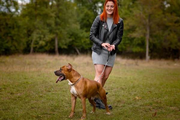 Schöne Frau und ihr Hund im Herbst Park — Stockfoto