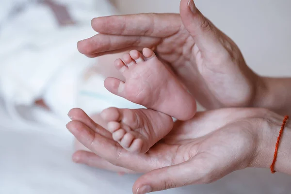 Pasgeboren baby 's voeten op vrouwelijke handen closeup. — Stockfoto