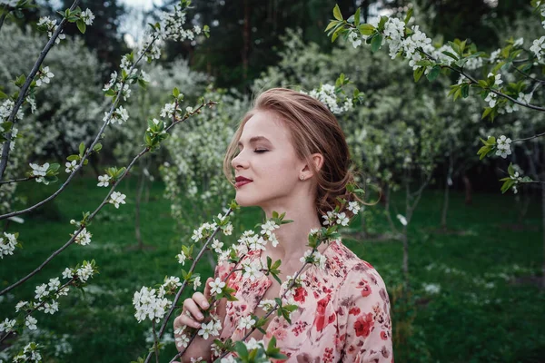 Молодая красивая женщина в саду цветущей вишни . — стоковое фото