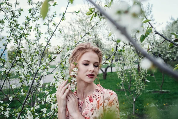 Giovane bella donna nel giardino fiorito di ciliegi . — Foto Stock