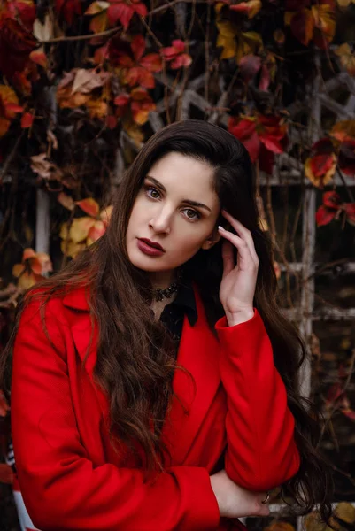 Mulher bonita em casaco vermelho está desfrutando de parque de outono . — Fotografia de Stock