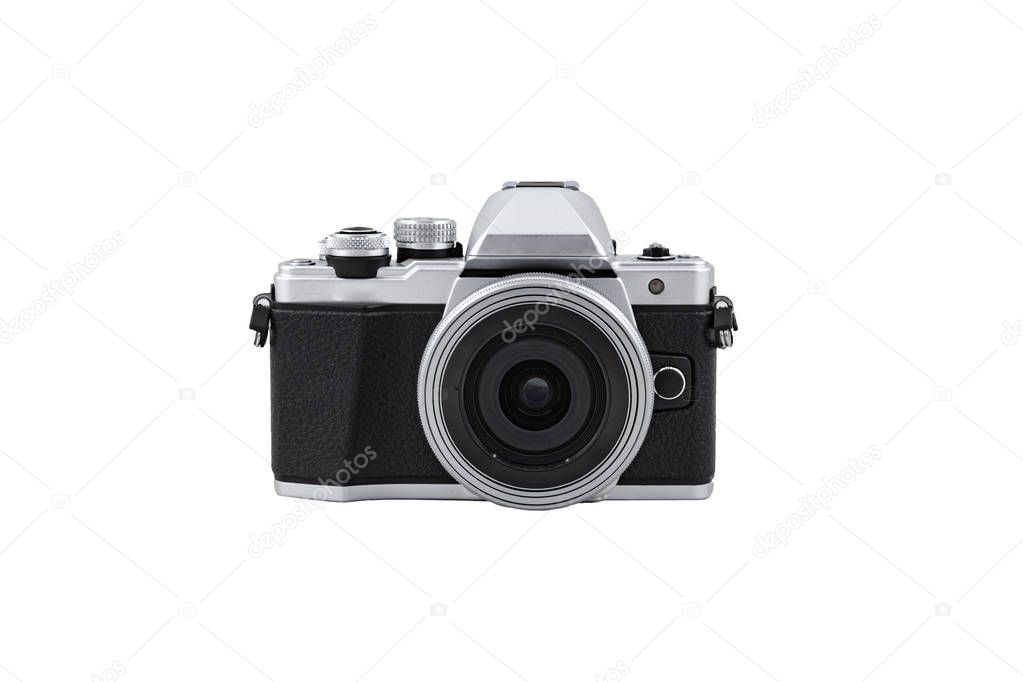 Black camera isolated on a white background.