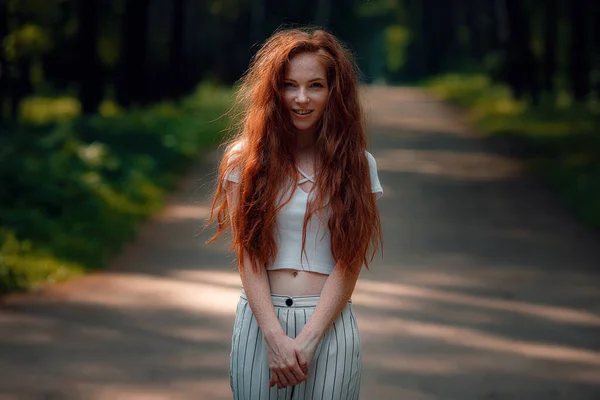 Ginger charming woman young beautiful forest green — 스톡 사진