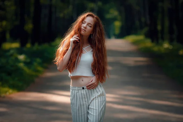 Ginger charming woman young beautiful forest green — 스톡 사진