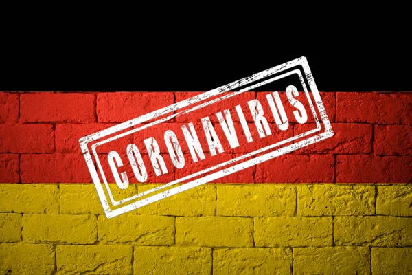 Bandeira Alemanha Com Proporções Originais Carimbado Coronavirus Textura Parede Tijolo — Fotografia de Stock