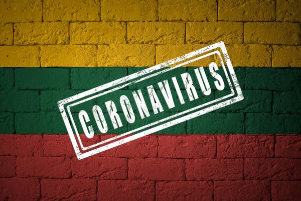 Bandeira Lituânia Com Proporções Originais Carimbado Coronavirus Textura Parede Tijolo — Fotografia de Stock