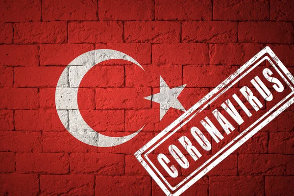 Flagge Der Türkei Mit Ursprünglichen Proportionen Coronavirus Gestempelt Ziegelwand Textur — Stockfoto