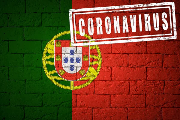 Flaga Portugalii Pierwotnych Proporcjach Stempel Coronavirus Ceglana Struktura Ściany Koncepcja — Zdjęcie stockowe