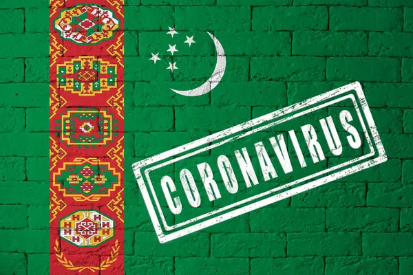 Bandeira Turcomenia Com Proporções Originais Carimbado Coronavirus Textura Parede Tijolo — Fotografia de Stock