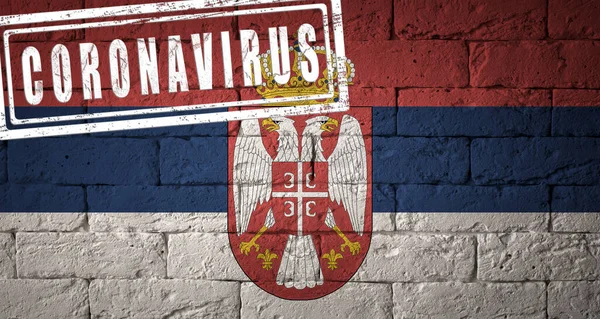 セルビア共和国の国旗には独自の比率がある コロナウイルスの刻印 レンガの壁の質感 コロナウイルスの概念 Covid 19または2019 Ncov Pandemicの危機に瀕して — ストック写真