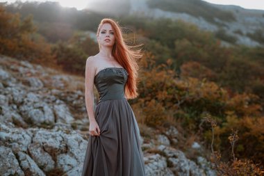 Güzel, öfkeli İskandinav savaşçı, gri elbiseli, metal zırhlı, kızıl saçlı kadın. Kadın bir Viking. Fantezi. Kitap Kapağı