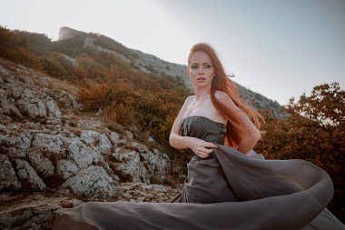 Güzel, öfkeli İskandinav savaşçı, gri elbiseli, metal zırhlı, kızıl saçlı kadın. Kadın bir Viking. Fantezi. Kitap kapağı. Güzel bir uçuş elbisesi