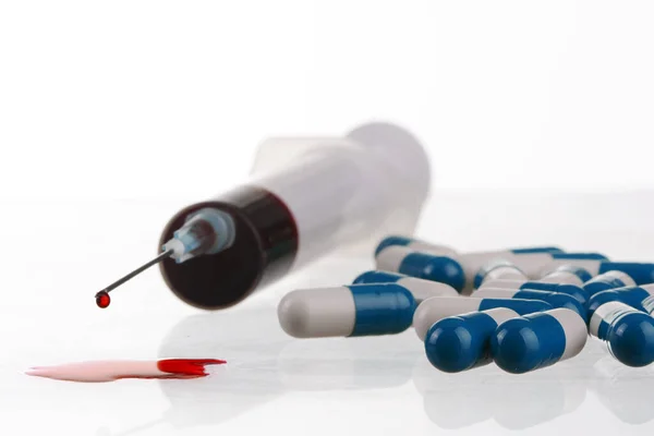 Macro View Drop Blood Syringewith Pills Concept Medicine Harm Health — Stock Photo, Image
