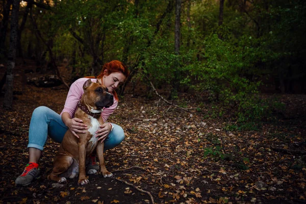 犬を連れた赤毛の女性は歩くのが楽しい 自由時間幸福介護自由森の中の長い散歩 — ストック写真