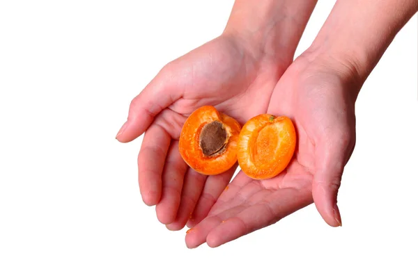 Mano Femenina Con Sabroso Albaricoque Sobre Fondo Blanco Crema Para — Foto de Stock