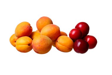 Beyaz arka planda izole edilmiş taze kayısılar ve erikler. Taze meyve ve organik ürünler kavramı