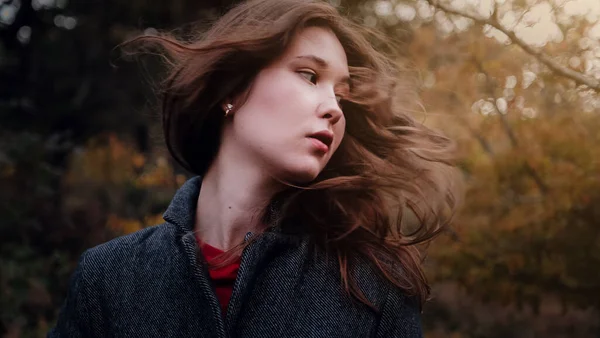 Beautiful Asian Woman Golden Autumn Forest Solitude Depression Concept Millenial — Stock Photo, Image