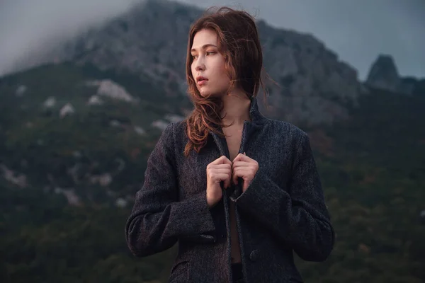 Beautiful Asian Woman Gray Coat Lingerie Enjoying View Mountains High — Stock Photo, Image