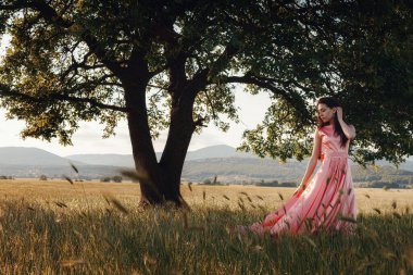 Yeşil yaz arka planında güzel aktif özgür kız. Bir tarlada dans eden güzel pembe bir elbiseyle güçlü bir meşe ağacının yanında