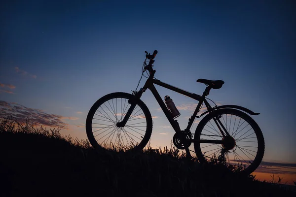 Silhouette Bicycle Sunset Sky Wonderful Rural Countryside Weekend Fresh Air — Stock Photo, Image