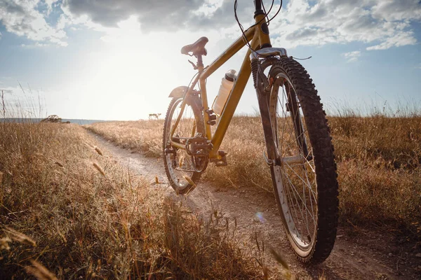 Silhouette Bici Tramonto Strada Sterrata Campagna Idea Concetto Attività Fisica — Foto Stock