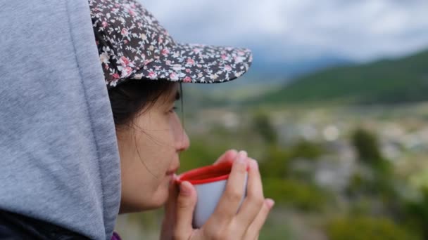 Caminante chica picnic en la naturaleza en día nublado . — Vídeo de stock