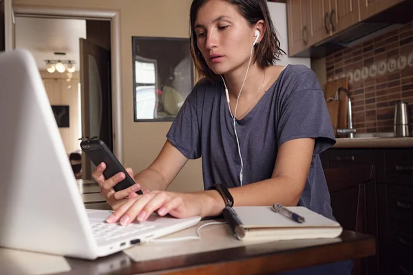 Working from home, Self isolation, Online learning concept. Asian Woman freelancer lecture and working on laptop at home on the kitchen. Lock down Stay at home for quarantine.