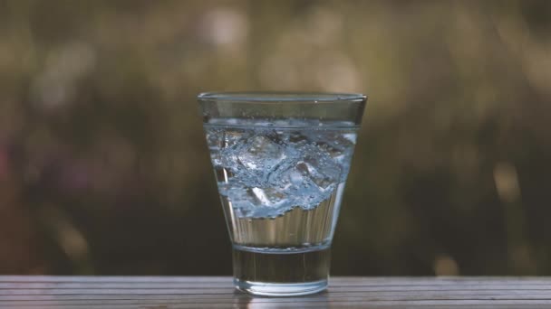 Minerální voda ve sklenici s kostkami ledu stojí na přírodě. — Stock video