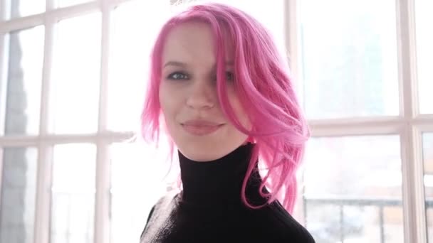 Beautiful Young Woman Pink Hair Enjoying Sunny Morning Her Room — Stock Video