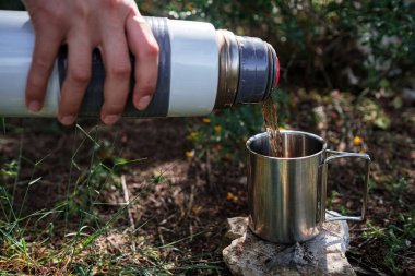 Kamp bardağında dişi bir el, doğadaki bir termostan çay doldurur. Mola, dinlenme ve seyahat fikri