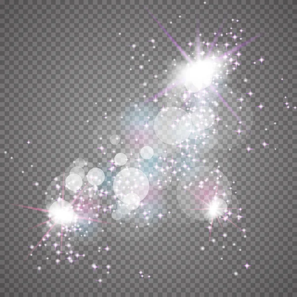 Efecto de brillo de luz. Estrellas transparentes, llamarada relámpago. Vector — Vector de stock