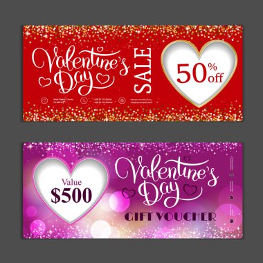 Hediye çeki şablonu. Alışveriş kartları, indirim kuponu, afiş, indirim kartı, web tasarım ve diğer kullanmak olabilir. Vektör çizim. Sevgililer günü tasarım