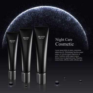 Pearls.3d gerçekçi vektör çizim ile siyah arka plan üzerine izole krem cilt toner şişesi