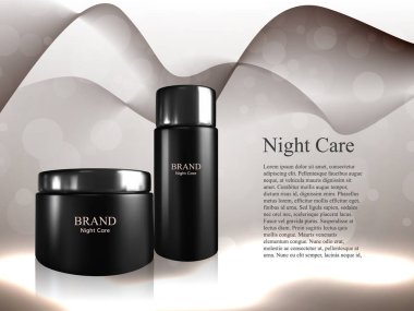 Maske krem ve toner şişesi üzerinde parlayan arka plan izole deri. 3D gerçekçi vektör çizim