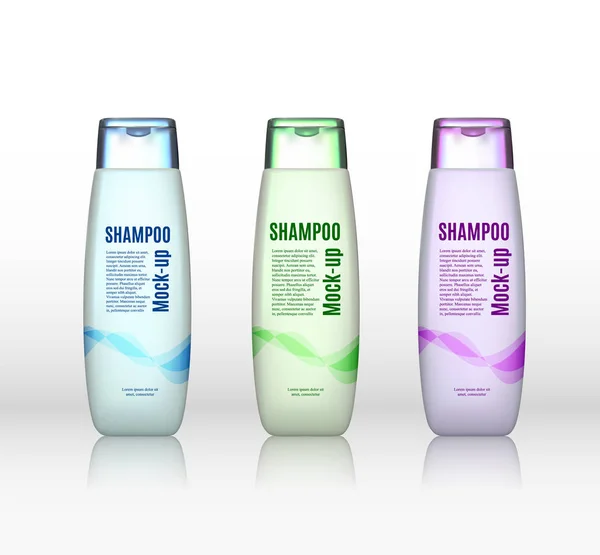 Set Sticlă Șampon Realistic Fundal Alb Afișul Anunțurilor Cosmetice Mock — Vector de stoc