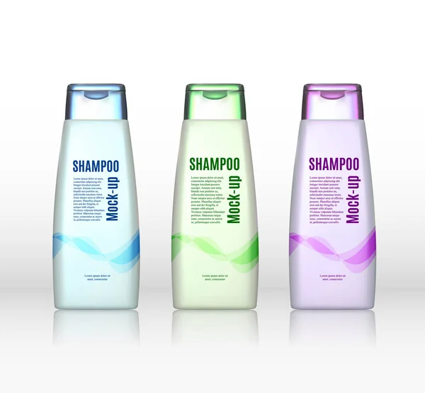 白い背景に現実的なシャンプー ボトルのセットです 化粧品の広告ポスター 広告用セットをモックアップします — ストックベクタ